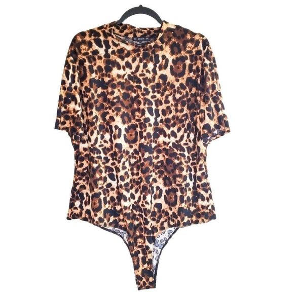 Shein Womens Bodysuit Animal Print 3XL Leopard Print Mock Turtleneck Plus Size - Picture 1 of 7